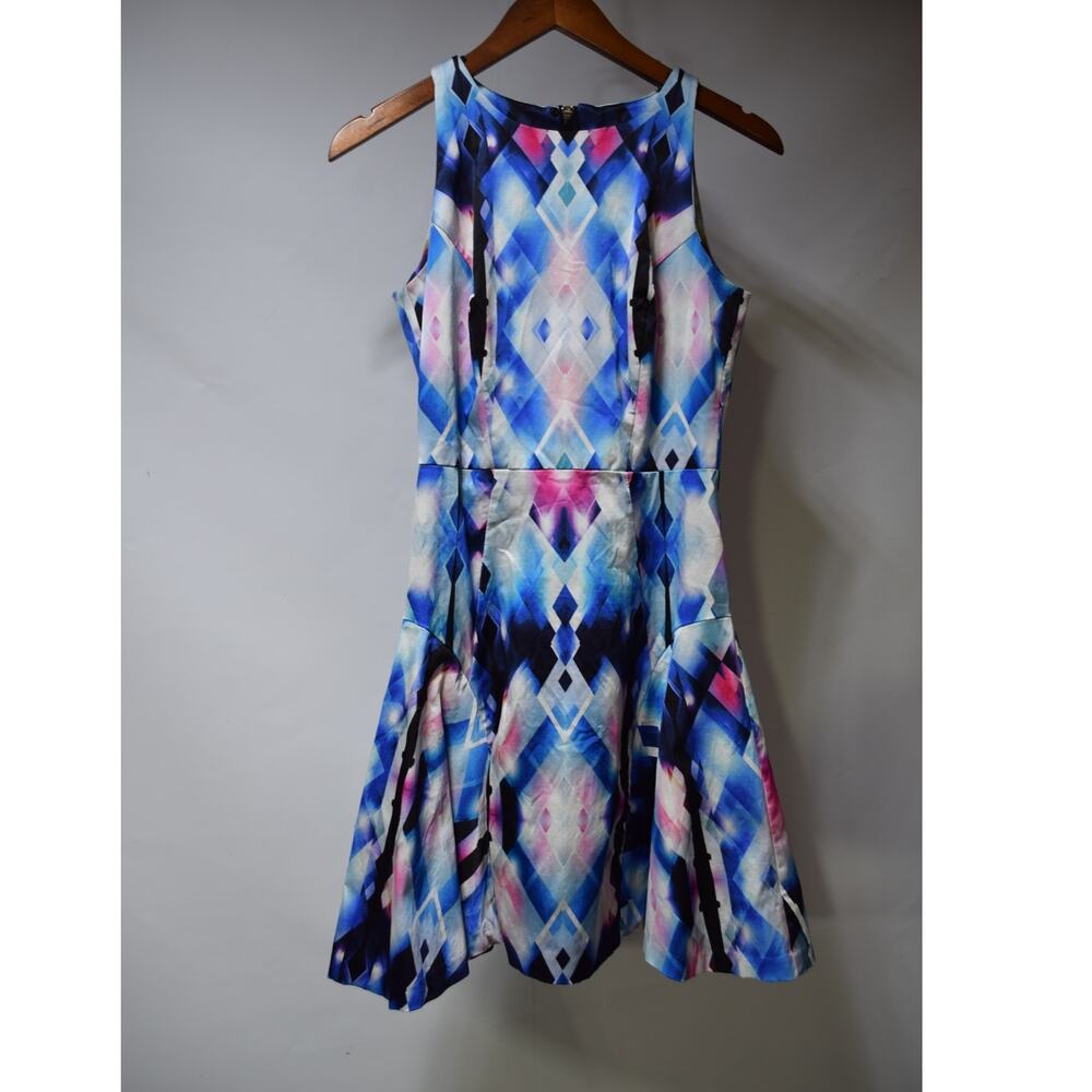 Milly Size 4 Blue Pink Geometric Print Fit & Flare Dress Made in USA
